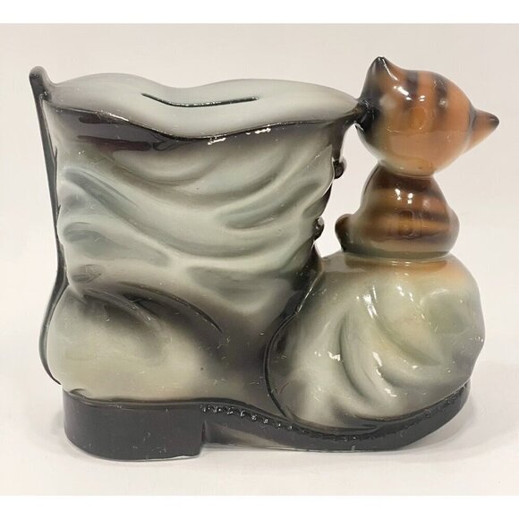 Vintage Ceramaster Tabby Cat on Boot Coin Bank 4.75x5.75x3” Kitten Japanese - Picture 4 of 13